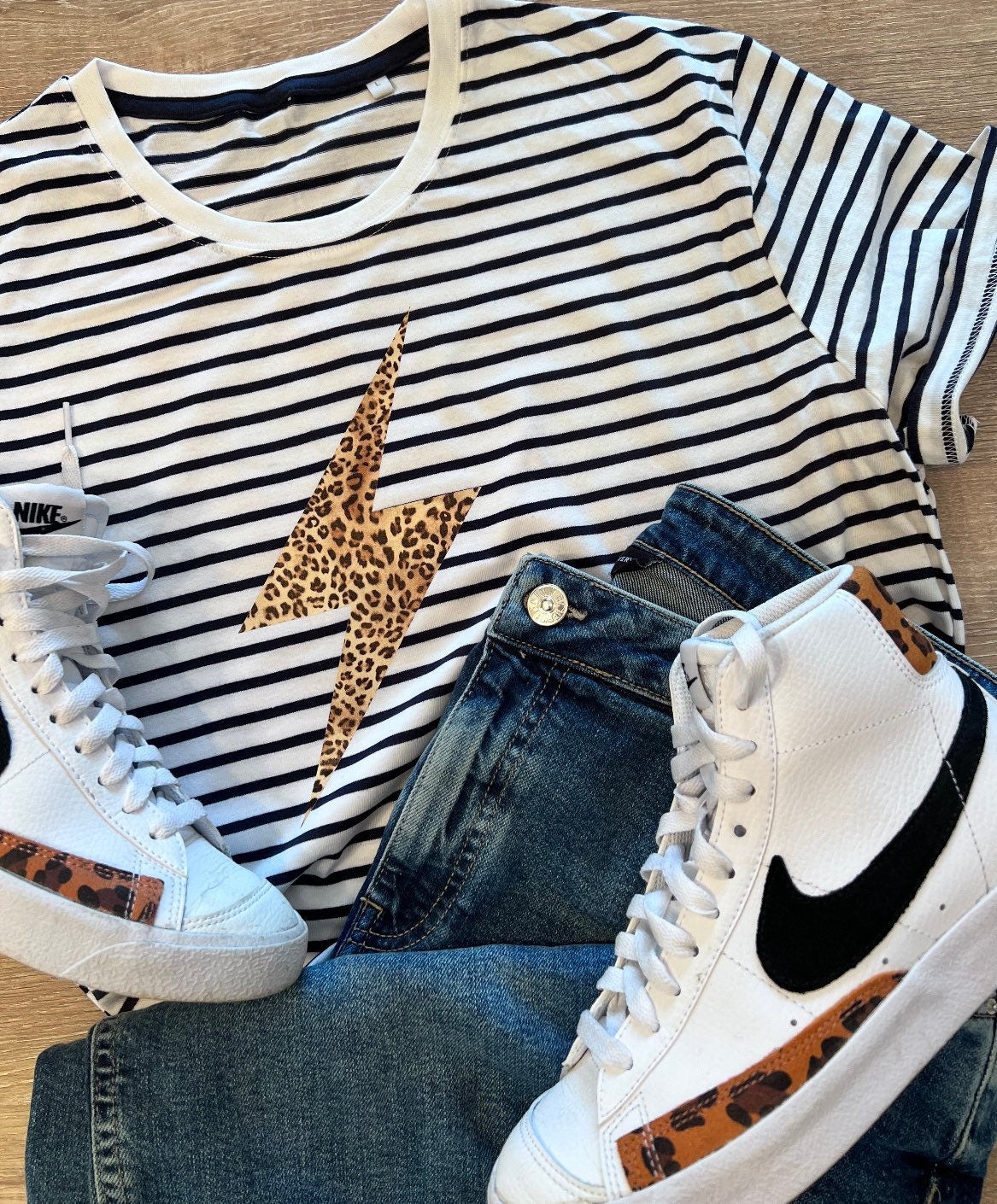 Women’s Breton Stripe T-Shirt with leopard lightening bolt or leopard star