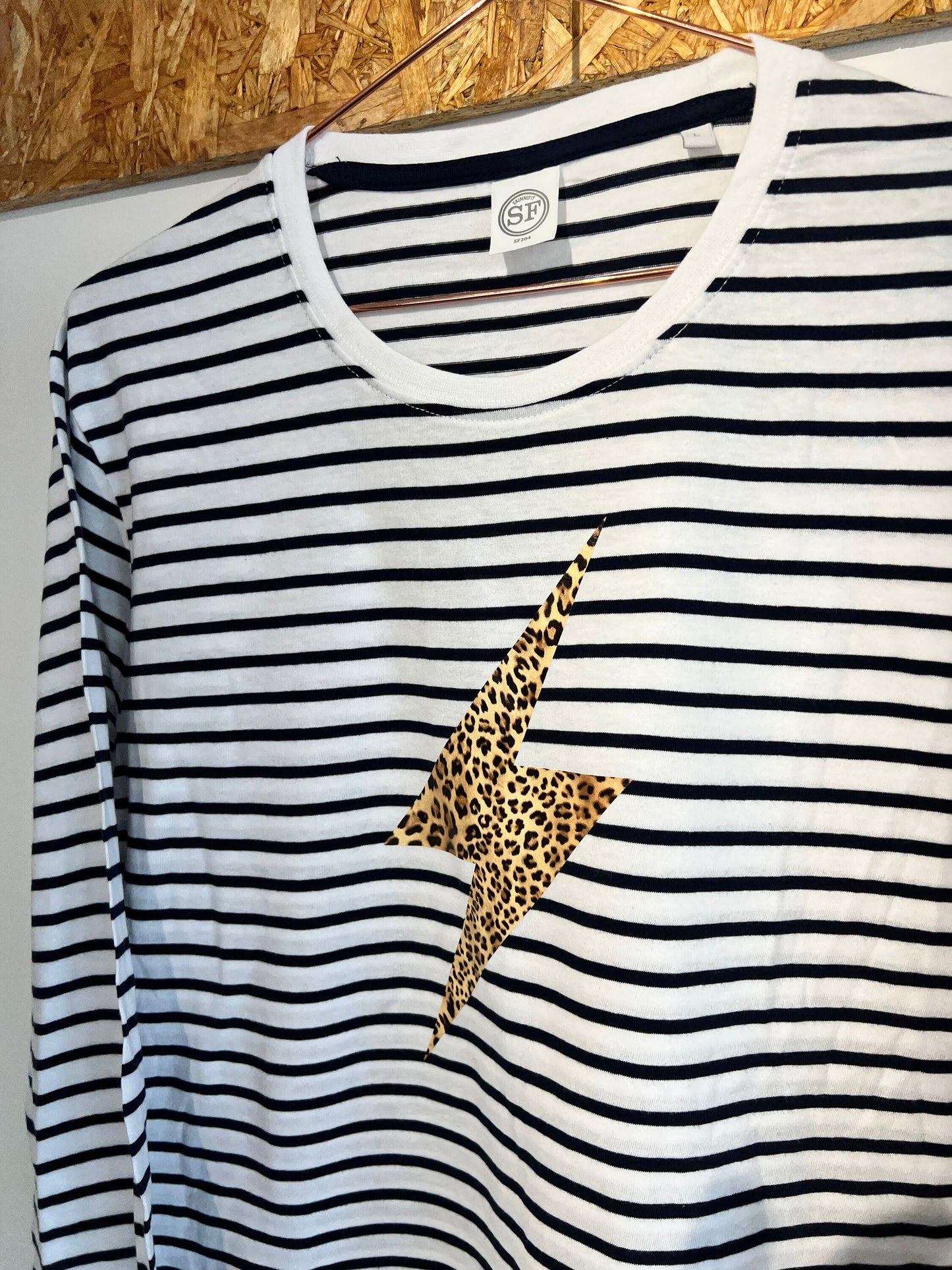 Breton Striped Long Sleeve Top With Leopard Lightening Bolt | Breton Stripe long sleeved top |striped long sleeve t-shirt |