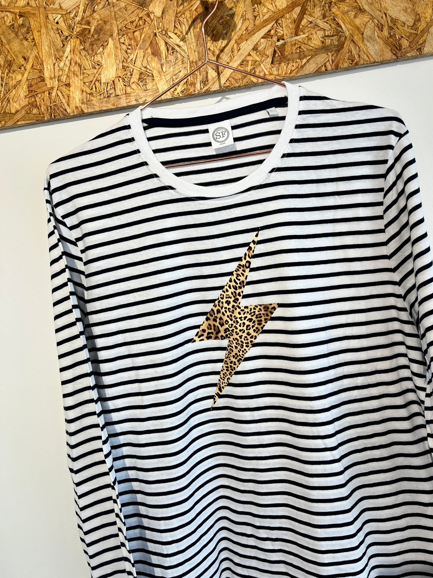 Breton Striped Long Sleeve Top With Leopard Lightening Bolt | Breton Stripe long sleeved top |striped long sleeve t-shirt |