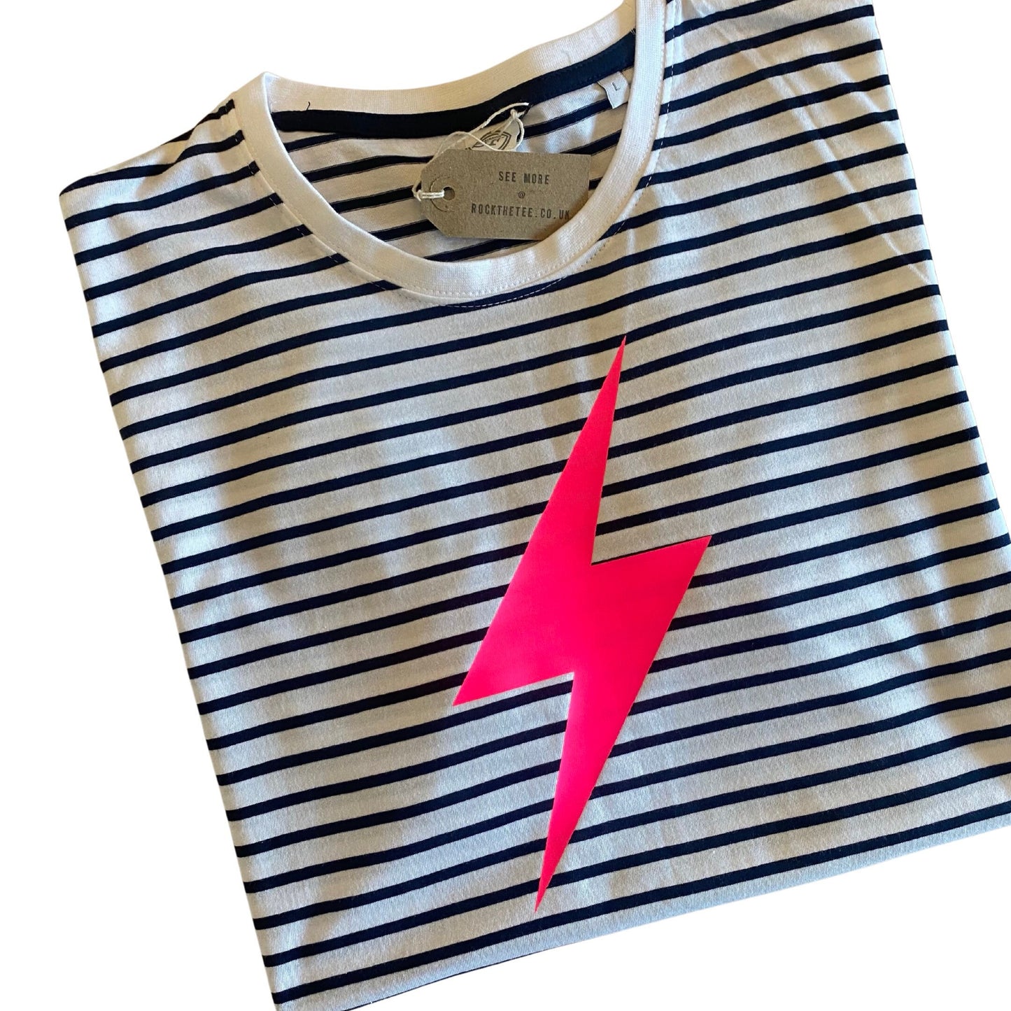 Women’s Breton Stripe T-Shirt | Neon Lightening Bolt T-Shirt | Breton Stripe T-Shirt with Neon Lightening Bolt | Navy and white stripe