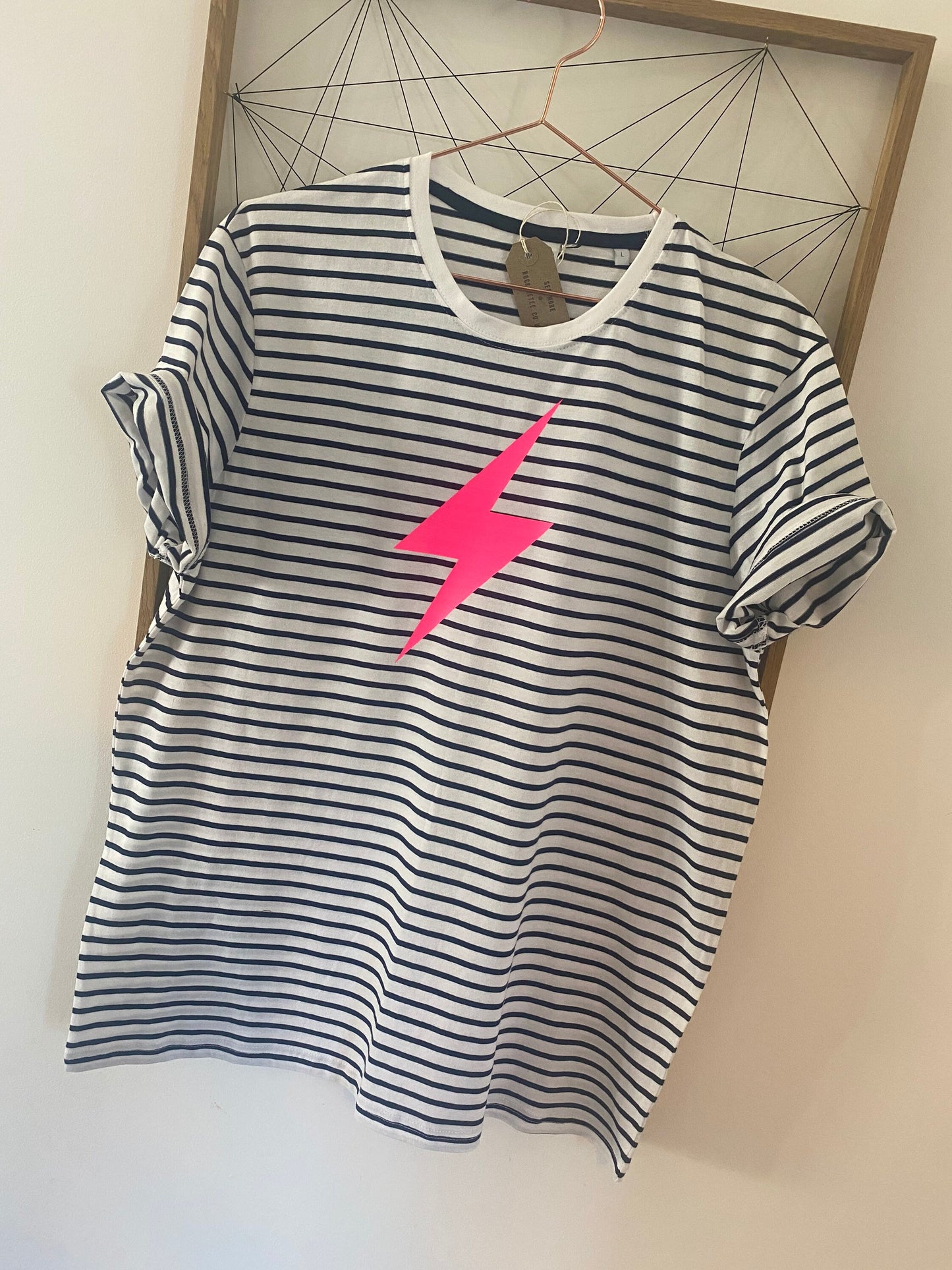 Women’s Breton Stripe T-Shirt | Neon Lightening Bolt T-Shirt | Breton Stripe T-Shirt with Neon Lightening Bolt | Navy and white stripe