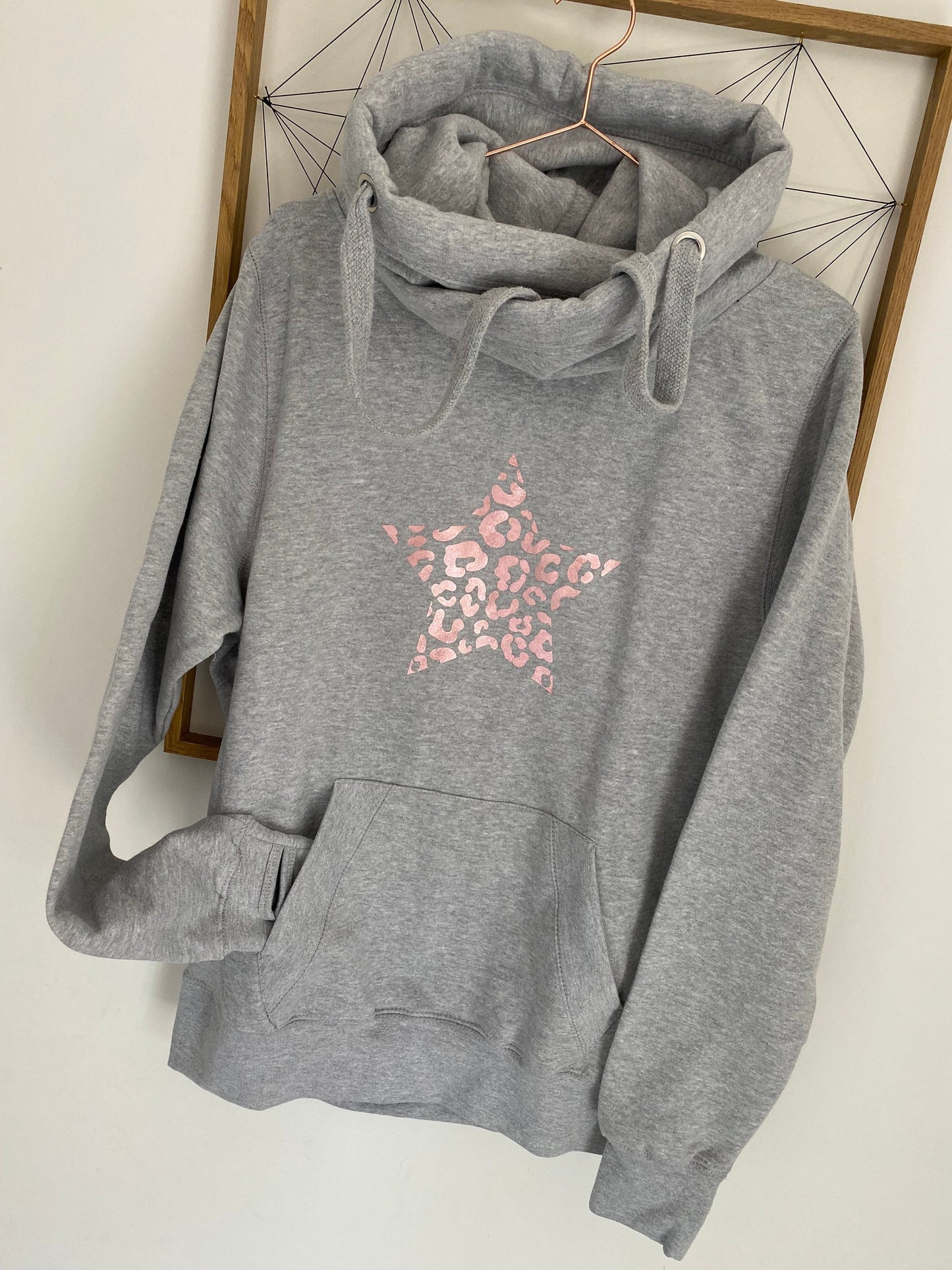 Rose gold leopard star cross neck hoodie in a choice of grey, charcoal, black and navy