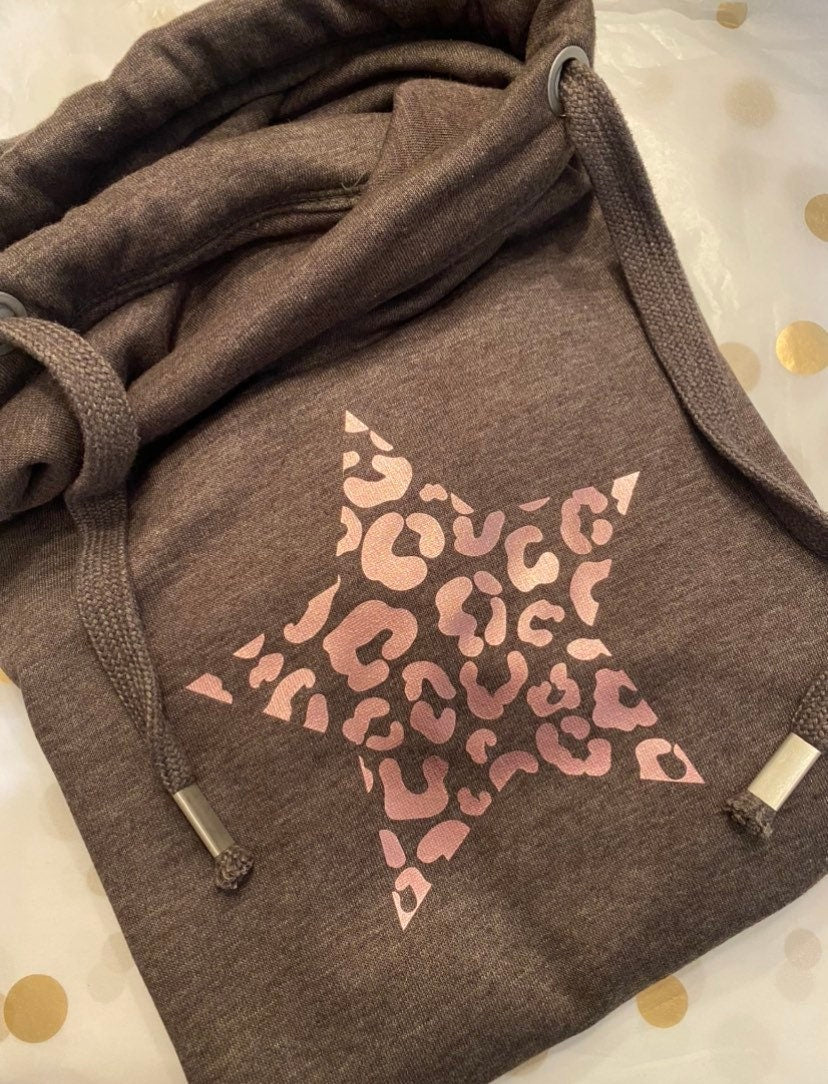 Rose gold leopard star cross neck hoodie in a choice of grey, charcoal, black and navy