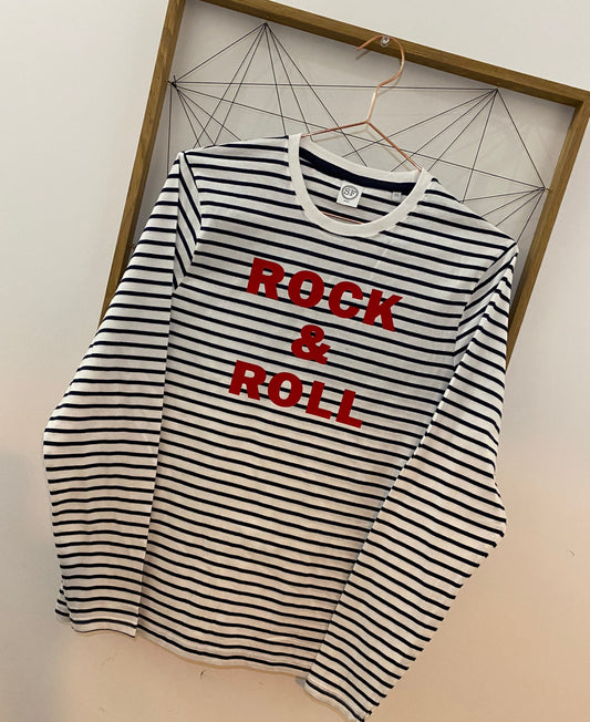 Rock And Roll long sleeved Breton striptop | Breton Stripe long sleeved top | neon print striped long sleeve t-shirt | Navy and White Stripe