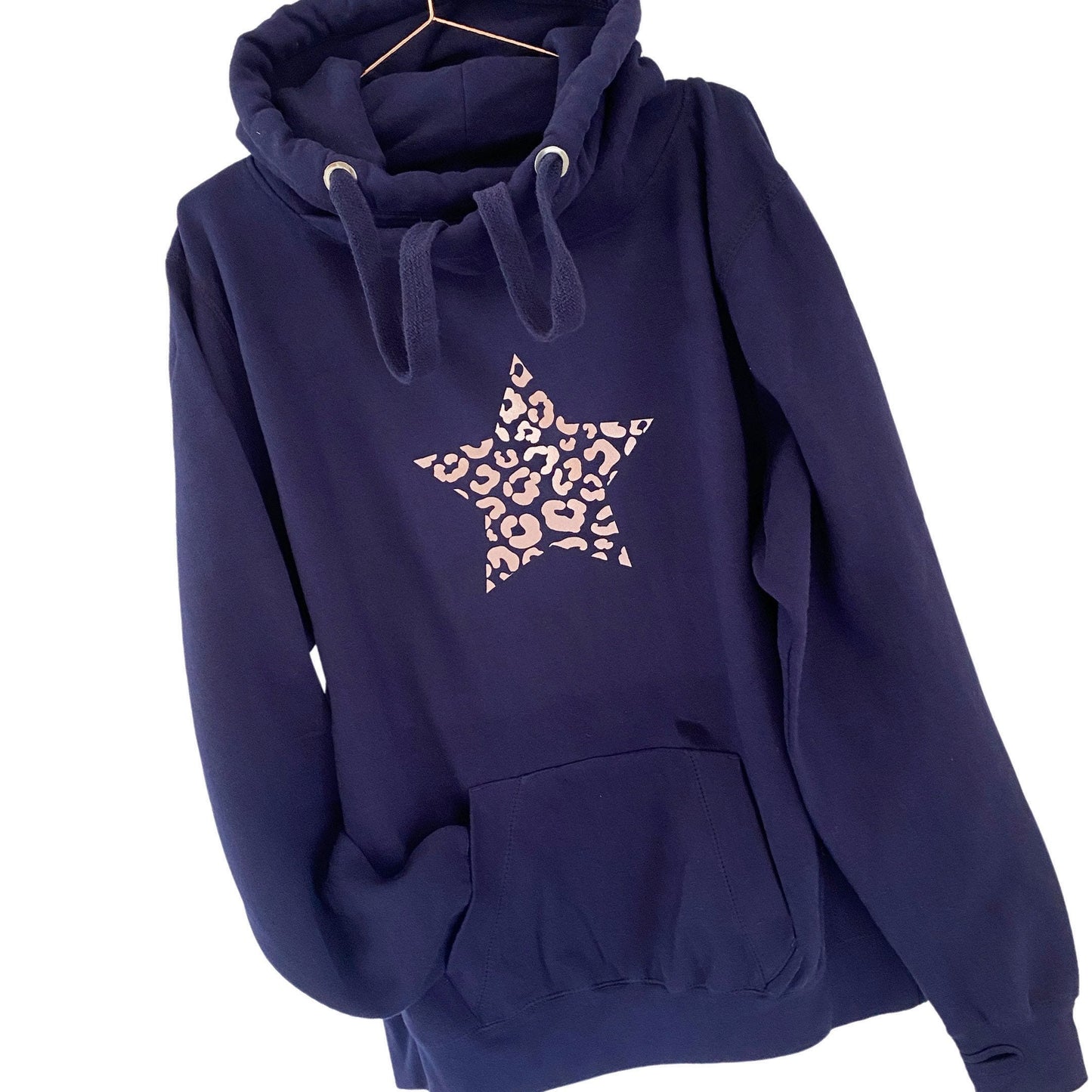 Rose gold leopard star cross neck hoodie in a choice of grey, charcoal, black and navy