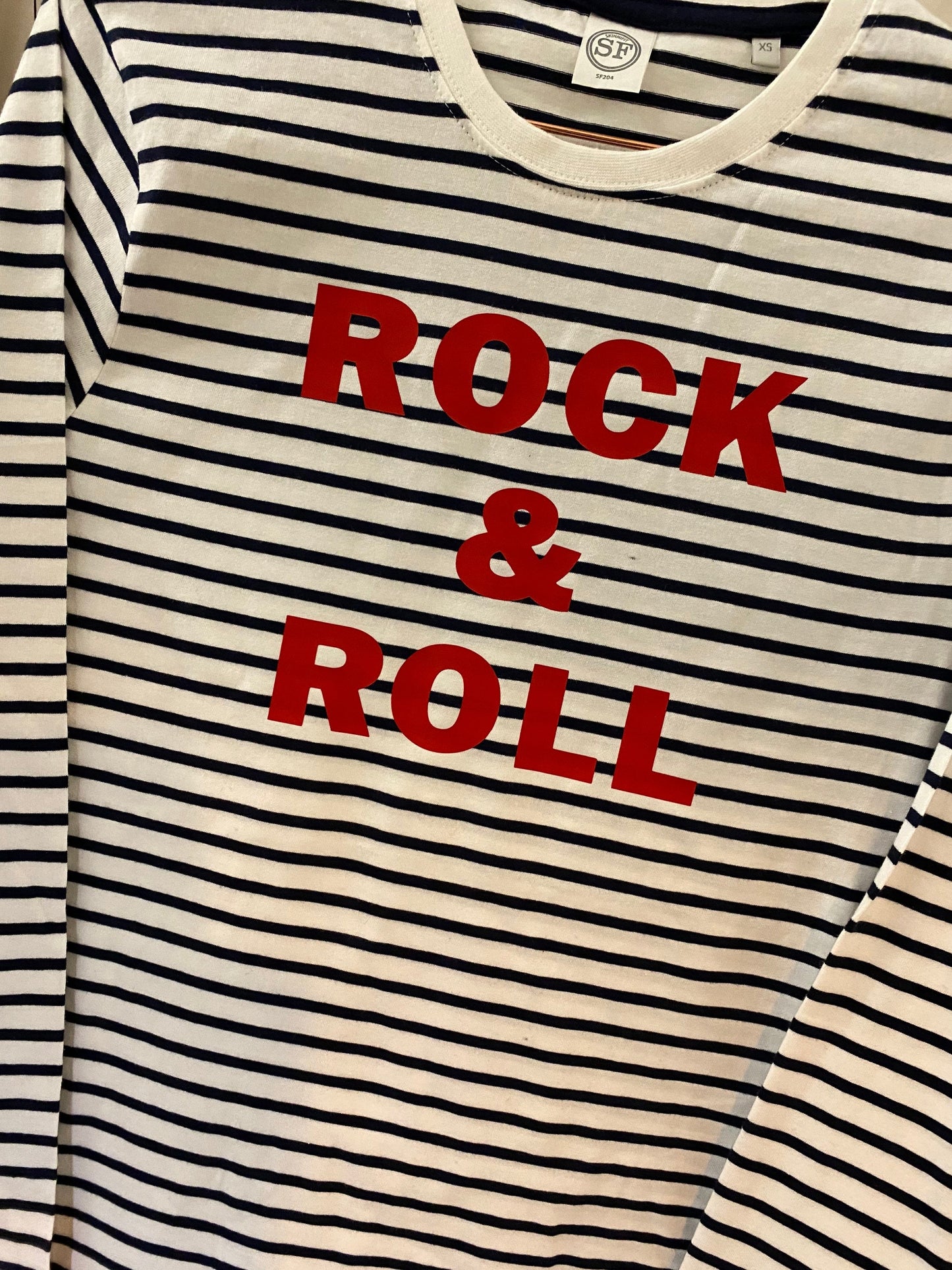 Rock And Roll long sleeved Breton striptop | Breton Stripe long sleeved top | neon print striped long sleeve t-shirt | Navy and White Stripe