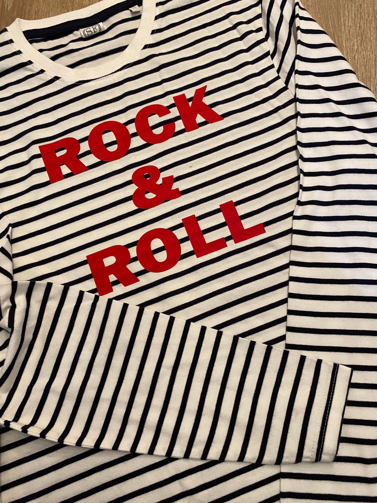 Rock And Roll long sleeved Breton striptop | Breton Stripe long sleeved top | neon print striped long sleeve t-shirt | Navy and White Stripe