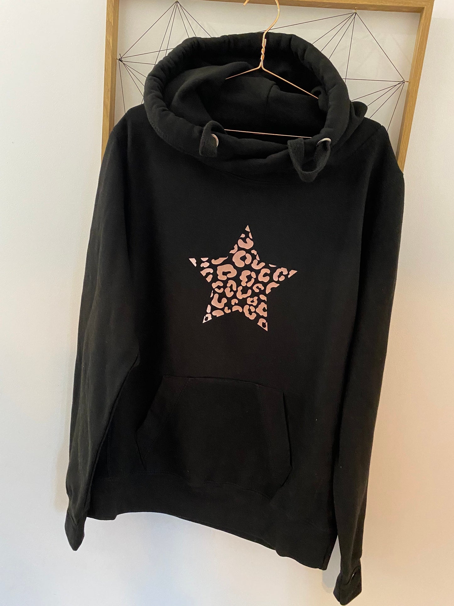 Rose gold leopard star cross neck hoodie in a choice of grey, charcoal, black and navy