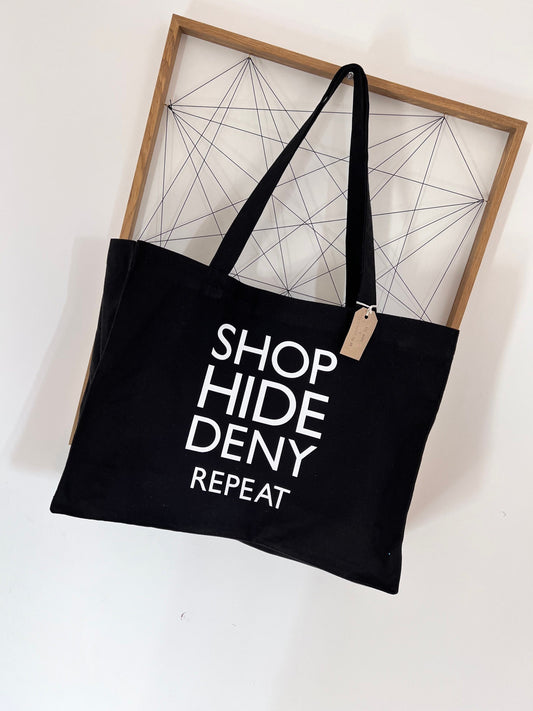 Shop hide deny repeat tote bag| Everyday Tote Bag | Women’s Gift | Funny Slogan Tote Bag | Slogan Tote Bag | Oversized Tote Bag |