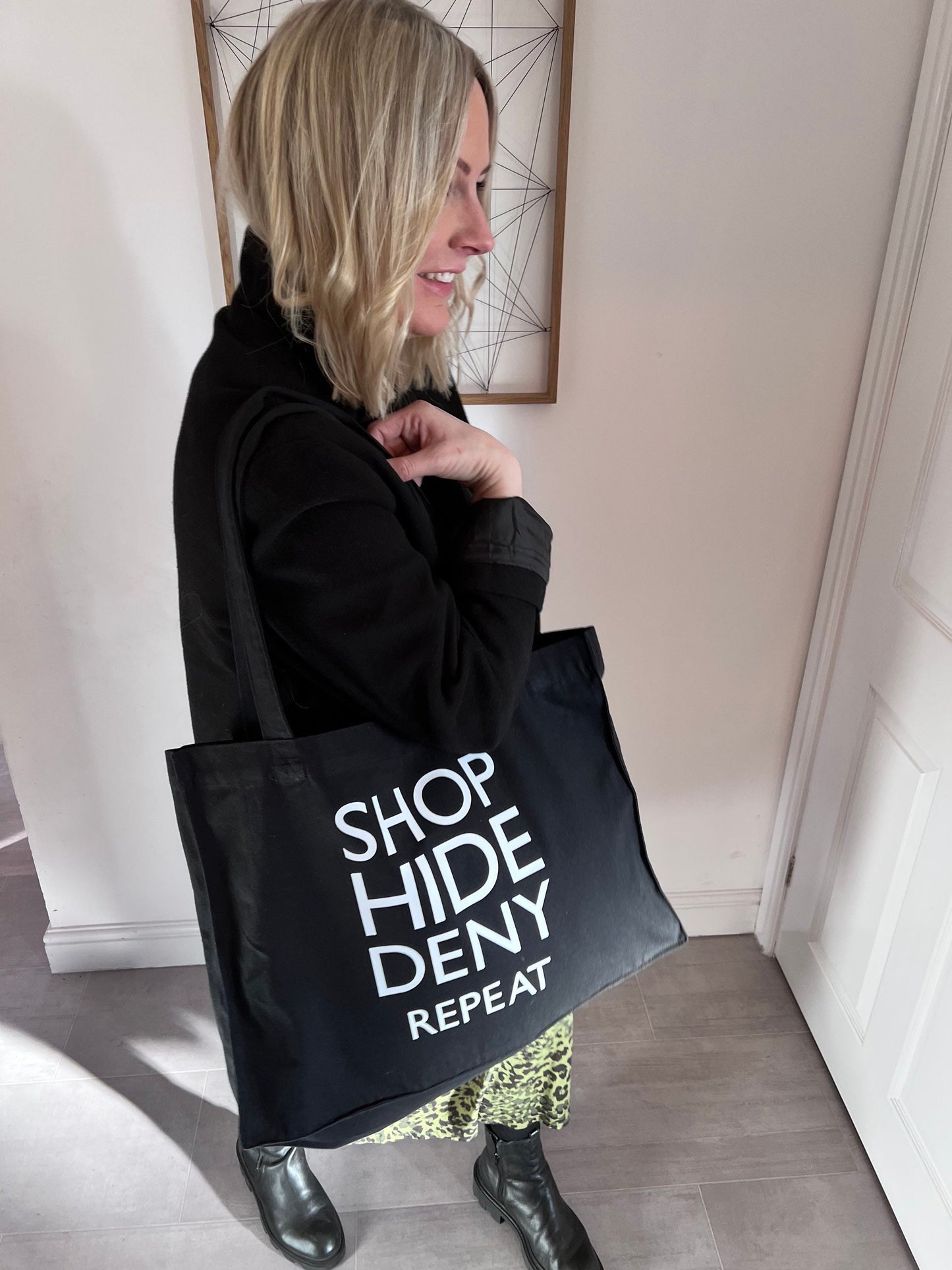 Shop hide deny repeat tote bag| Everyday Tote Bag | Women’s Gift | Funny Slogan Tote Bag | Slogan Tote Bag | Oversized Tote Bag |