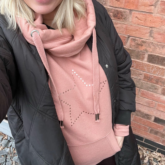 Adults rose gold dotted star on pink hoodie | Cowl neck hoodie | star hoodie | Star hoodie | Crossover Hoodie