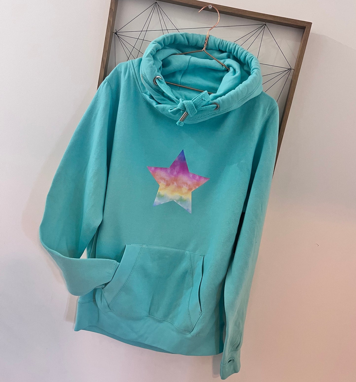 Adults Peppermint cowl neck hoodie with tie dye star| Cowl neck hoodie| Crossover Hoodie | Hoodie with thumbholes