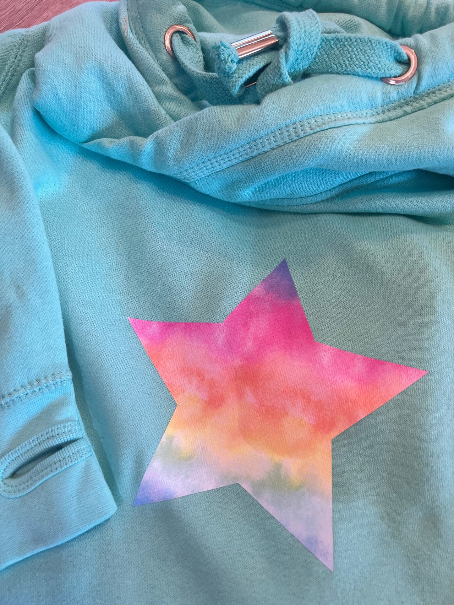 Adults Peppermint cowl neck hoodie with tie dye star| Cowl neck hoodie| Crossover Hoodie | Hoodie with thumbholes