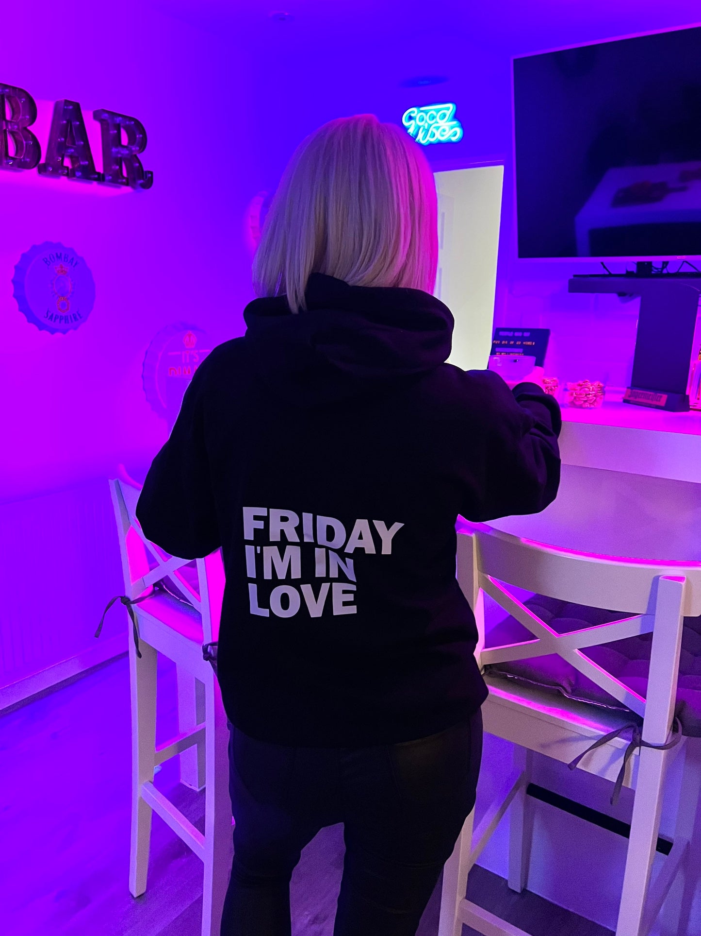 Adults Black hoodie with Friday I’m in Love writing on the back. Personalise with your own wording.