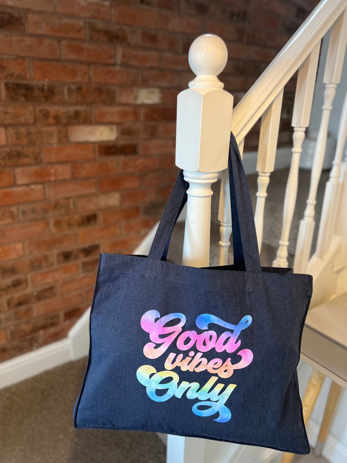 Good Vibes Only slogan printed oversized denim tote bag