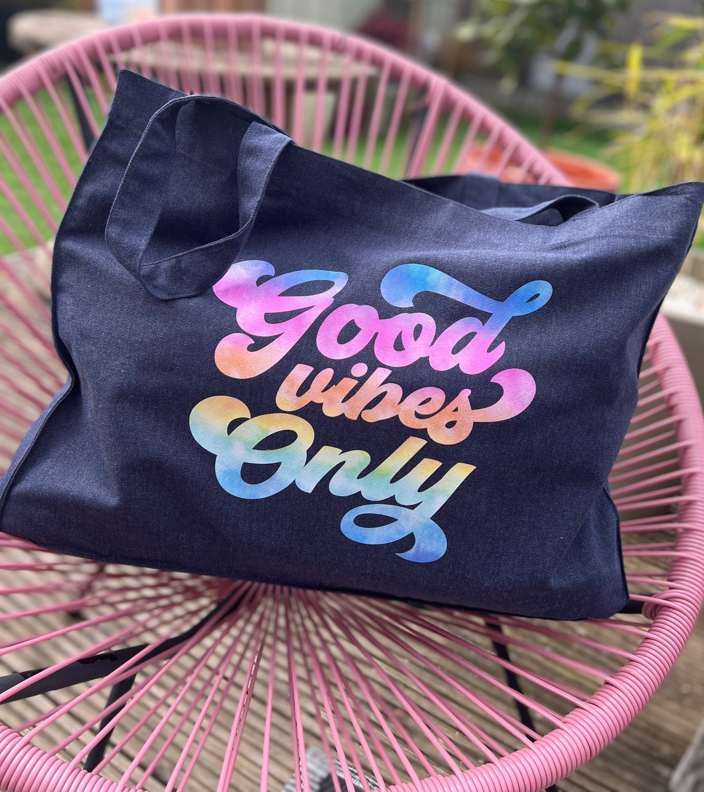 Good Vibes Only slogan printed oversized denim tote bag