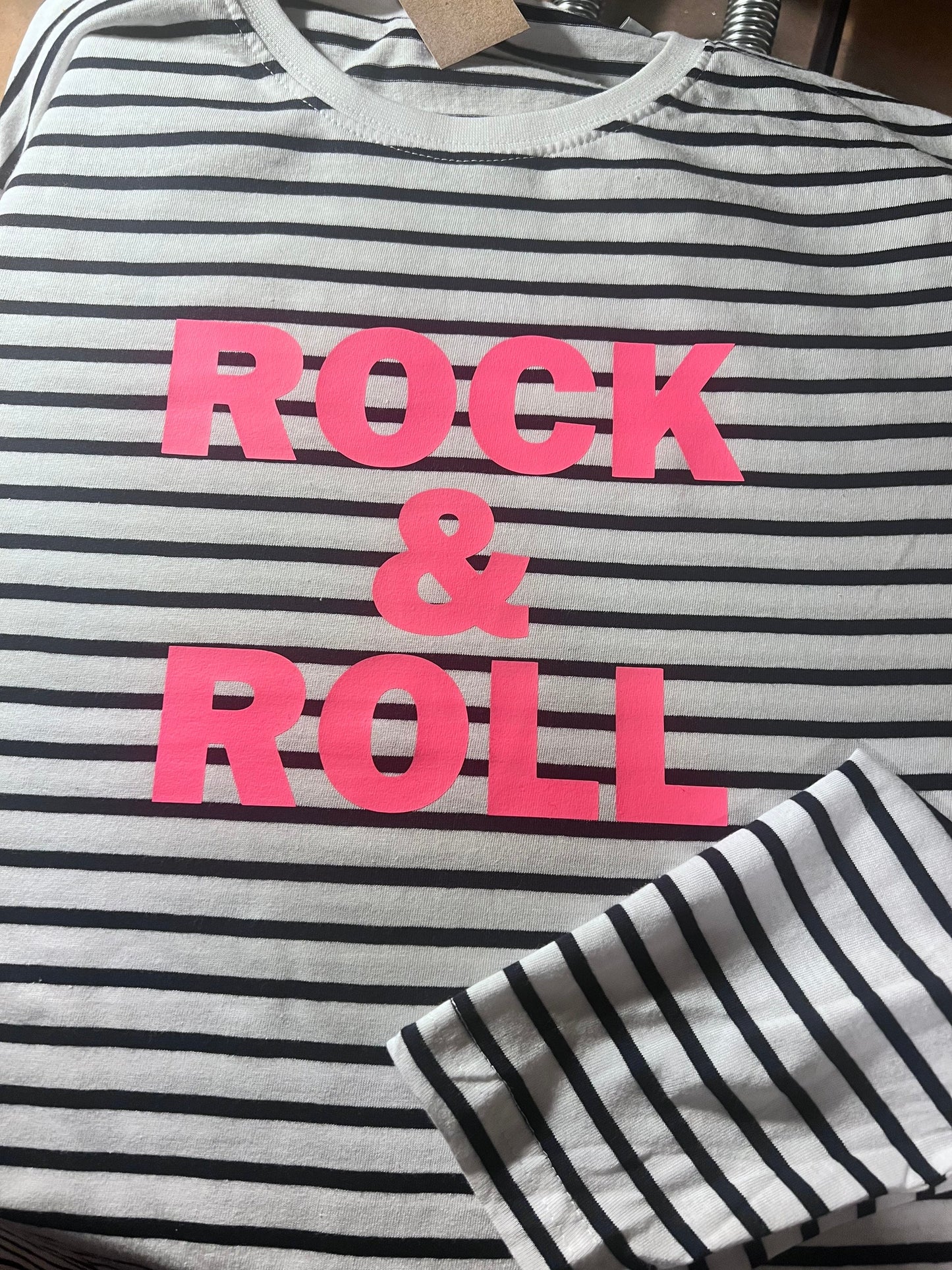 Rock And Roll long sleeved Breton striptop | Breton Stripe long sleeved top | neon print striped long sleeve t-shirt | Navy and White Stripe