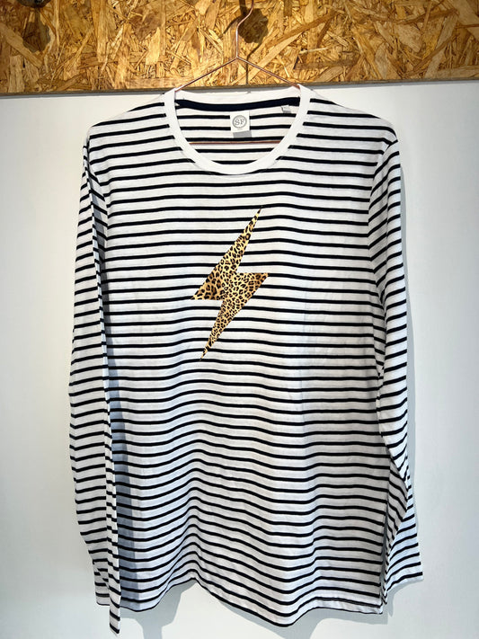 Breton Striped Long Sleeve Top With Leopard Lightening Bolt | Breton Stripe long sleeved top |striped long sleeve t-shirt |